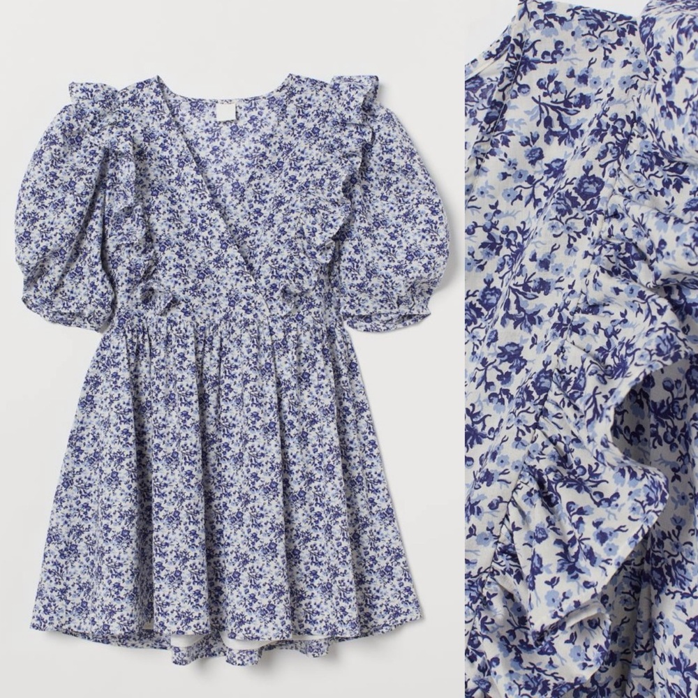 H&M Puff-Sleeved Floral Printed Dress Size XL Spring Flowers Blue & White